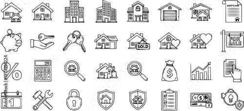 Hand-Drawn Real Estate and Housing Icons Set. Property, Home, Mortgage, Keys, Sold, For Sale, Money, Security. Vector Line Art Symbols for Buy, Sell, Rent, and Investment.