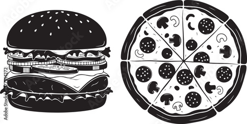 Tasty Burger and Pizza Food Illustration in Black White