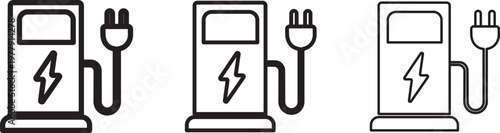 Electric vehicle EV charging station sign set. Car EV parking sign. Electric car charging point icons. Electric car with plug icon symbol.
