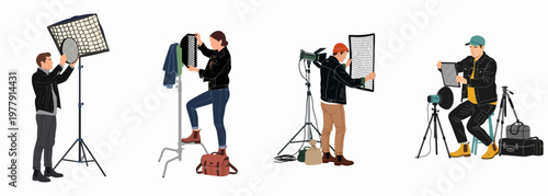 Flat illustration set of professional lighting technicians and photographers adjusting studio lights, softboxes, and equipment on a white background.