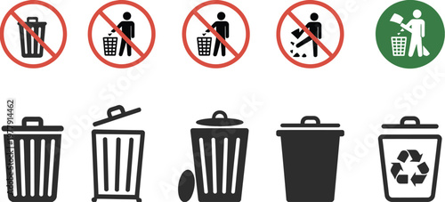 Waste management and recycling icon set featuring no littering prohibition signs and trash bin symbols for ecological disposal and environmental awareness design
