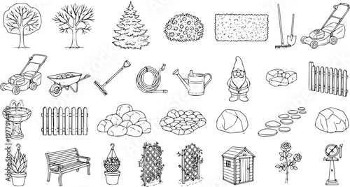 Hand-drawn sketch collection of garden and landscaping elements, tools, plants, and decorations for outdoor design projects.