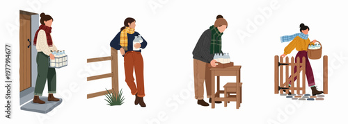 Set of flat vector illustrations depicting people picking up fresh milk bottles delivered to their doorsteps and gates in autumn or winter.