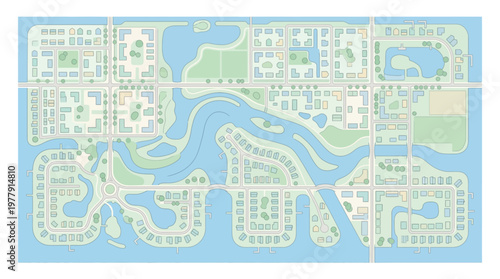 Aerial View of Suburban Residential Neighborhood Plan with Waterfront Housing and Green Spaces for Urban Planning Concept