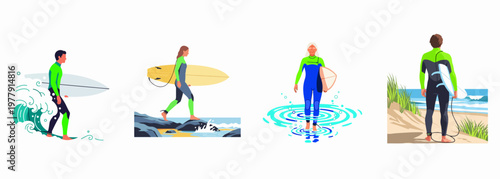 Diverse collection of surfers in wetsuits carrying boards on waves and beaches, promoting an active lifestyle and healthy outdoor sports.