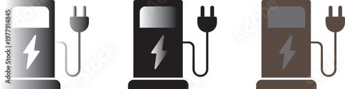 Electric vehicle EV charging station sign set. Car EV parking sign. Electric car charging point icons. Electric car with plug icon symbol.
