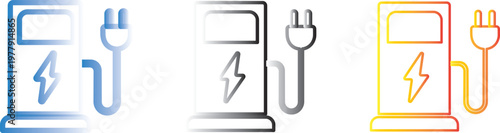 Electric vehicle EV charging station sign set. Car EV parking sign. Electric car charging point icons. Electric car with plug icon symbol.
