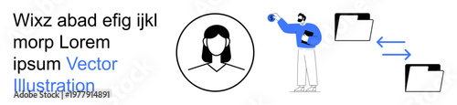 Data sharing, digital networking, teamwork, information exchange, collaboration, remote work. Profile avatar, person interacting with file icons. Data sharing and digital networking visualization