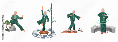 Elderly woman practicing Tai Chi and Qigong in various poses, promoting health, mindfulness, and active aging in a serene vector illustration set.