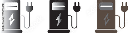 Electric vehicle EV charging station sign set. Car EV parking sign. Electric car charging point icons. Electric car with plug icon symbol.
