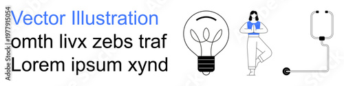 Sustainability, mindfulness, personal health, innovation, yoga, medical care. Icons include light bulb with plant, woman in yoga pose IV bag. Sustainability and mindfulness conceptual design