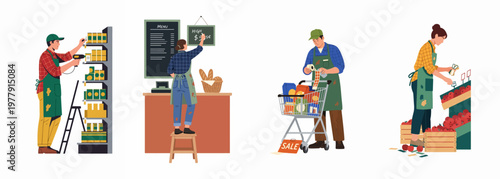 Illustration of supermarket employees performing various tasks such as stocking shelves, updating prices, labeling groceries, and arranging fresh produce in a store.