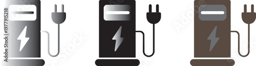 Electric vehicle EV charging station sign set. Car EV parking sign. Electric car charging point icons. Electric car with plug icon symbol.
