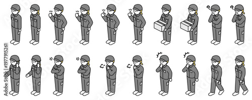 アイソメトリックイラスト：色々なポーズの男女の作業員