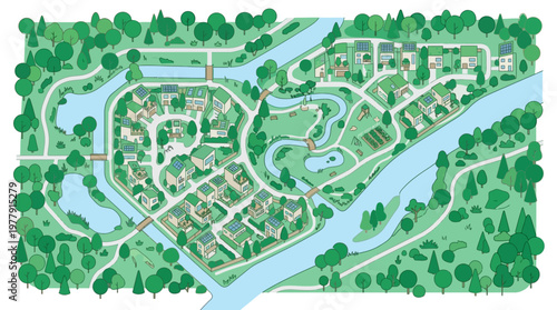 Sustainable Green Eco-Village Illustration with Solar Panels, Green Roofs, and Modern Architecture in a Natural Forest and River Landscape for Eco-Friendly Urban Planning