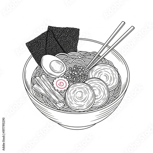 Bowl of noodles with chopsticks.