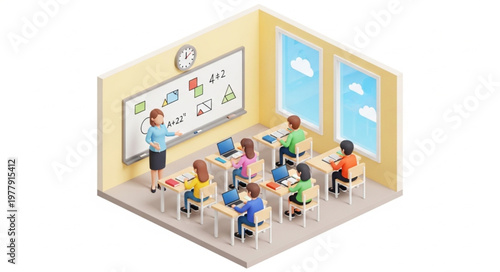 Isometric Classroom Scene - Teacher Explaining Math to Students.