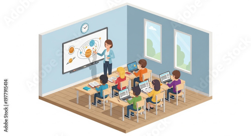 Isometric Classroom Scene - Teacher Explaining Lesson to Students with Interactive Whiteboard.