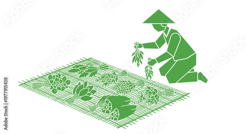 Man wearing conical hat gardening.