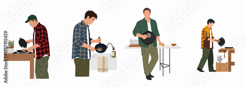 Set of flat vector illustrations showing men cleaning and caring for cast iron skillets in various settings.
