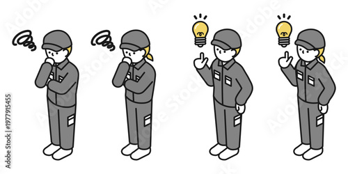 アイソメトリックイラスト:アイデアを思いつく男女 考える男女(工場作業員)