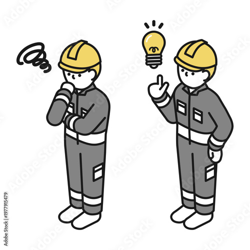 アイソメトリックイラスト:アイデアを思いつく作業員 考える作業員