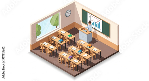 Isometric Classroom Scene with Teacher and Desks for Educational Illustration.