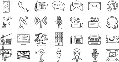 Hand-drawn doodle style icons for communication, media, and technology. A diverse set including phones, email, broadcast, video, news, radio, TV, internet, vintage, and modern devices.