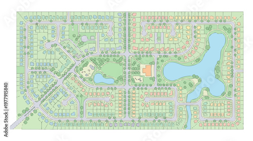 Aerial View Master Plan of a Residential Neighborhood with Parks and Lakes