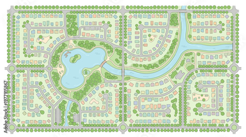 Aerial Top View of a Sustainable Residential Master Plan with Central Lake, Parks, and Modern Housing Neighborhood Layout