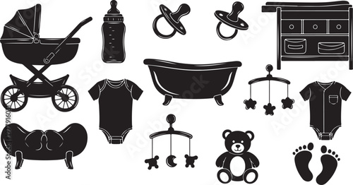 Baby Nursery Essentials and Cute Black Silhouette Icons Set