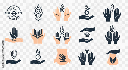 Reiki Symbols and Hands Icons Set: Healing Energy, Spiritual Practice, Alternative Therapy