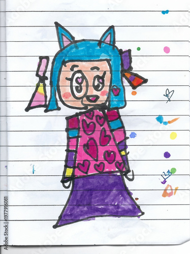 A hand-drawn colorful cartoon illustration of a whimsical girl character with blue hair and cat ears wearing a vibrant pink heart patterned top and purple skirt on lined notebook paper