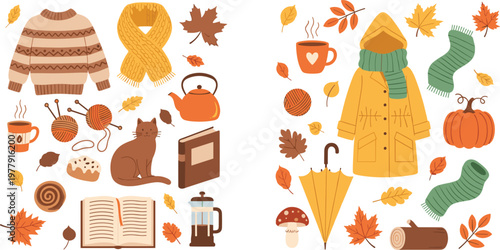 Cozy Autumn Season Illustration Set with Sweater, Scarf, Hot Drink, Pumpkin, Umbrella, Leaves, and Fall Lifestyle Elements Collection