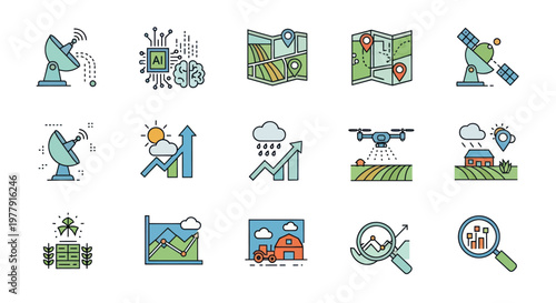 Smart Farming Technology Icons: AI, Drone, Satellite, Data Analysis, Agriculture