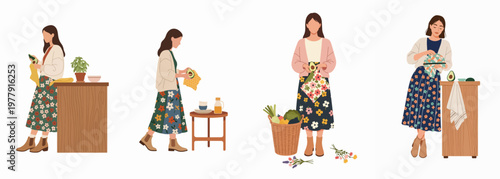 Set of illustrations depicting a woman using eco-friendly beeswax wraps for food storage, promoting a sustainable and zero-waste lifestyle at home.