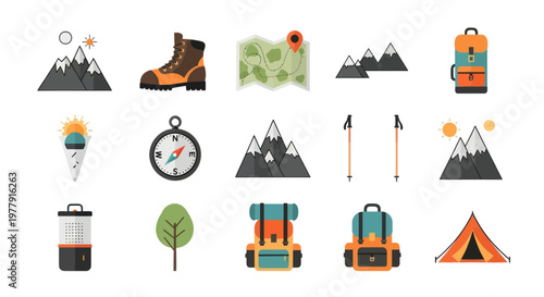 Hiking and Camping Icons: Mountains, Boots, Backpacks, Tent, Compass, Map