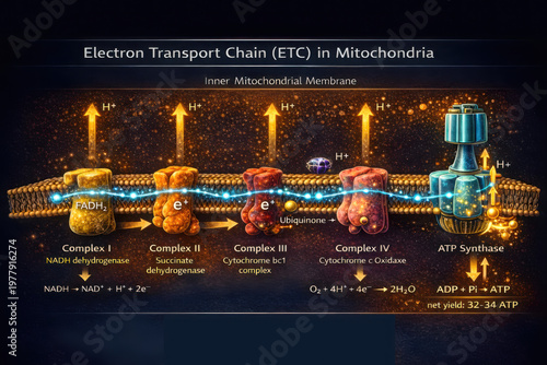 Electron transport chain diagram illustrates process of cellular respiration mitochondria, showcasing energy production and biochemical reactions