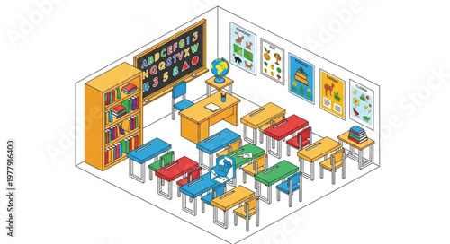 Isometric Classroom Illustration - A Vibrant Learning Space with Desks and Decor.