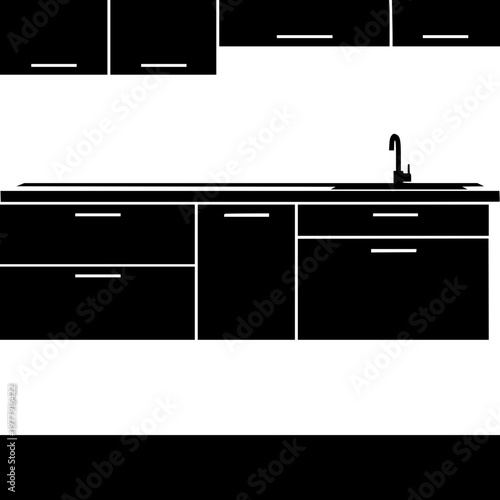 Black Silhouette of Modern Kitchen Cabinets and Sink