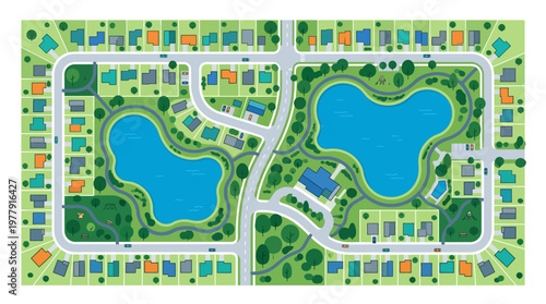 Suburban Neighborhood Master Plan Aerial Top View Vector Illustration with Houses, Lakes, and Community Parks