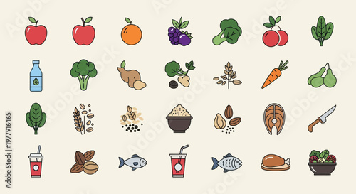 Healthy Food Icons: Fruits, Vegetables, Fish, Nuts, and Grains