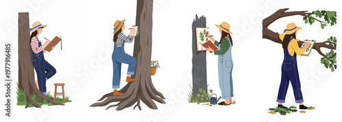 Illustration set of a young woman artist in overalls and a straw hat sketching trees and nature in her sketchbook.