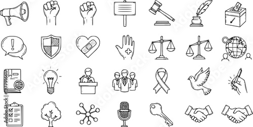Hand-Drawn Doodle Vector Icon Set for Protest, Justice, Health, Education, and Communication Concepts