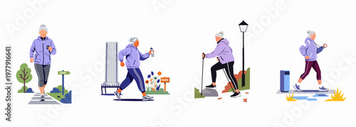 Set of flat vector illustrations featuring a senior woman staying active through walking, jogging, and Nordic walking in a park for health and wellness.