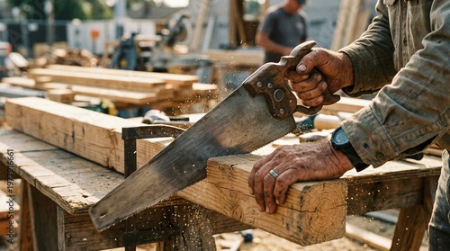 A construction worker cutting wood with a handsaw closeup construction site