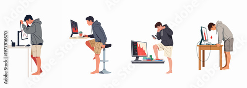 A set of illustrations depicting a young male trader's stress and despair during a stock market crash or cryptocurrency price drop.