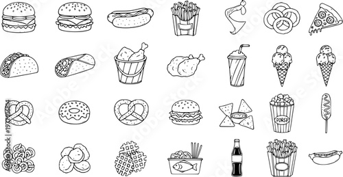 Hand Drawn Fast Food  Snack Icons Set in Doodle Style - Burgers, Fries, Hot Dogs, Pizza, Ice Cream, and More Snacks
