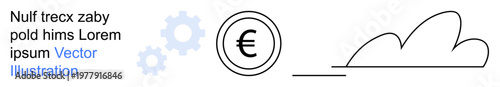 Financial services, cloud computing, digital economy, euro transactions, fintech solutions, data management. Euro symbol with gears and cloud outline. Financial services and cloud computing concept