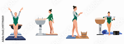 Set of female gymnast illustrations performing on vault horse, preparing with chalk, and celebrating with a trophy in green and silver leotards.